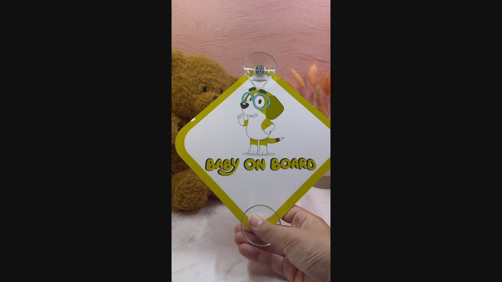 Bluey Baby On Board Sign with Honey - Cute Aluminum Car Safety Warning Sign with Suction Cups - Durable Yellow and White Child Safety Alert