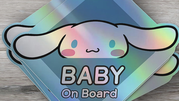 Baby on Board Sticker - Holographic  - Car Window Decal - Baby Safety Sign - Sanrio Cinnamoroll Inspired Sticker - Kids Car Accessories