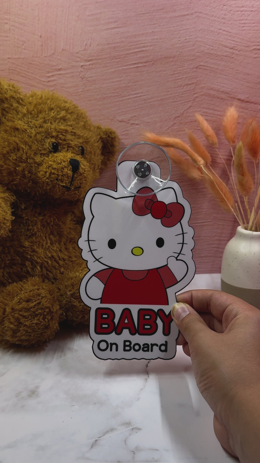 Hello Kitty Baby On Board Sign - Cute Aluminum Car Safety Warning Sign with Suction Cup - Durable Red and White Child Safety Alert