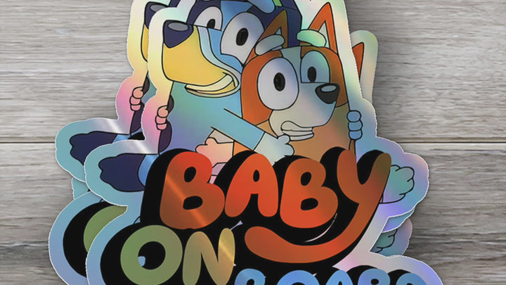 Bluey and Bingo Baby on Board Holographic Sticker - Car Decal for Parents and Kids, Cute Cartoon Family Sign