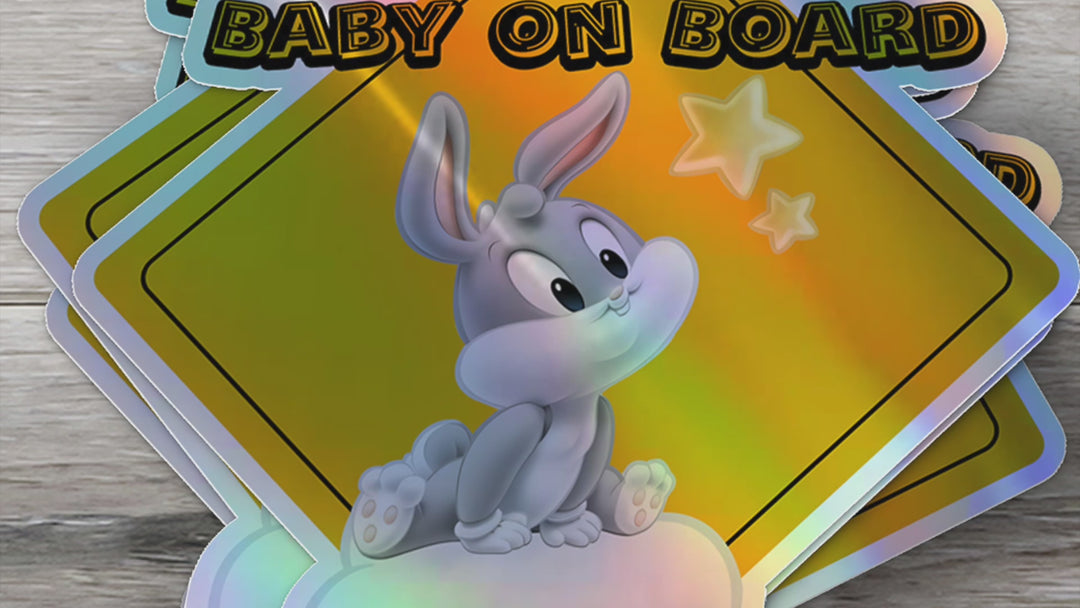 Baby on Board Car Window Sticker -Looney Tunes "Baby Bugs Bunny"-Waterproof & Holographic - Eye-catching Yellow Diamond Shape