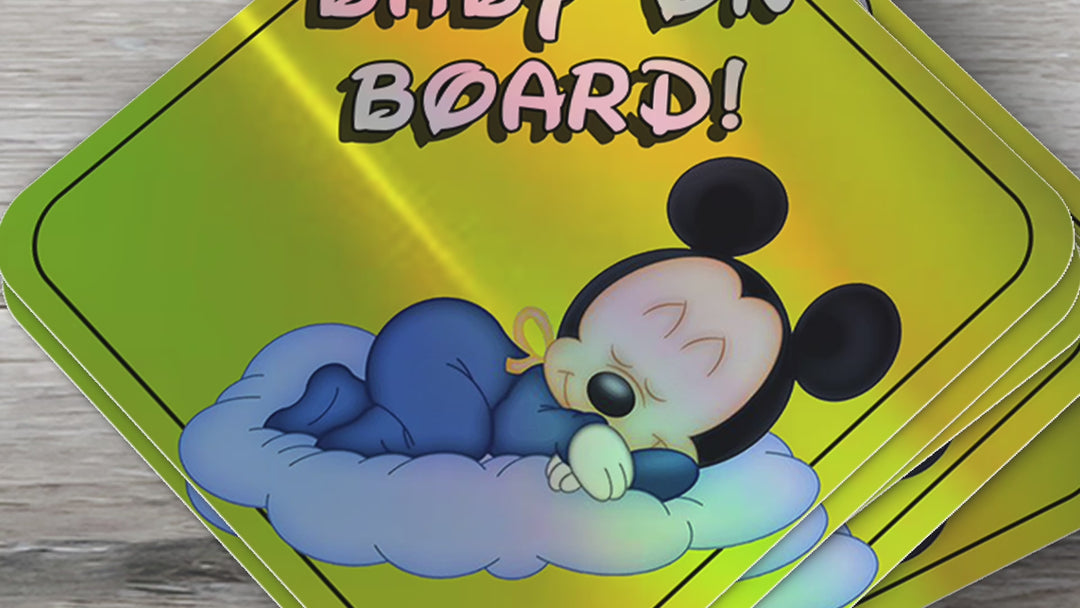 Baby Mickey Sleeping on Cloud - Baby on Board Car Window Sticker - Waterproof & Holographic - Eye-catching Yellow Diamond Shape