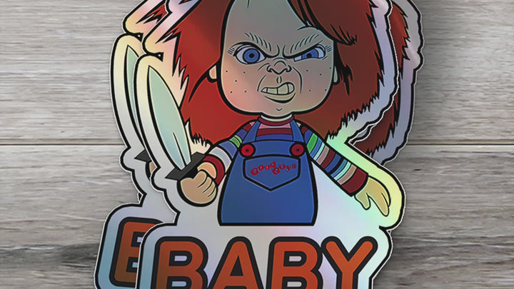 Holographic Baby On Board Chucky Sticker | Creepy Cute Horror Doll Inspired Car Decal | Halloween Baby Safety Sticker | Funny Car Decor