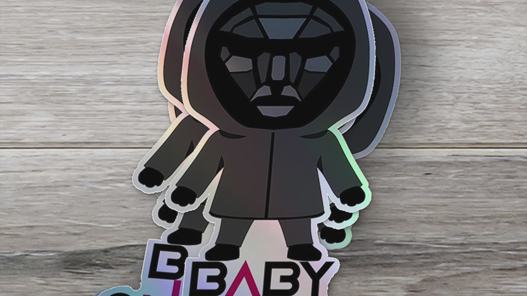 Squid Game Inspired Baby On Board Sticker - Front Man Holographic Design - Cute Black Character Car Decal for Baby Safety - Unique Gift Idea