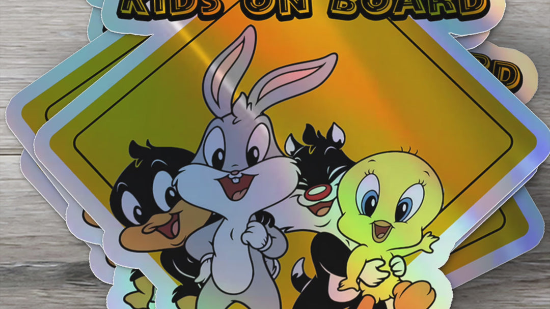 Baby on Board Car Window Sticker -"Baby Looney Tunes" Characters-Waterproof & Holographic - Eye-catching Yellow Diamond Shape