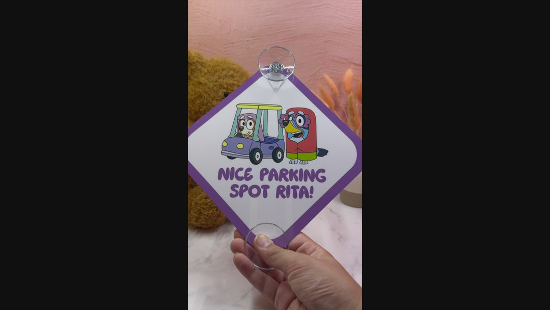 Nice Parking Spot Rita! Sign - Funny Bluey Aluminum Car Safety Warning Sign with Suction Cups - Durable Purple and White Child Safety Alert