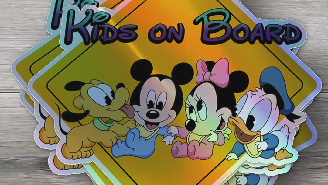 Disney Babies On Board - Kids on Board Car Window Sticker - Mickey - Pluto - Mini - Donald-Waterproof & Holographic - Eye-catching Yellow Diamond Shape