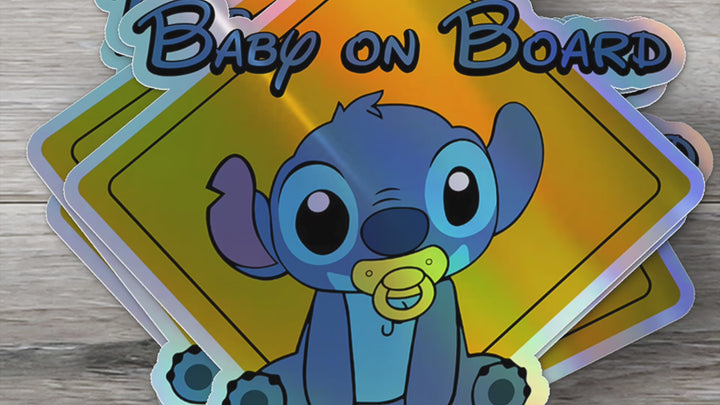 Baby On Board - Baby on Board Car Window Sticker - Lilo and Stitch Waterproof & Holographic - Eye-catching Yellow Diamond Shape