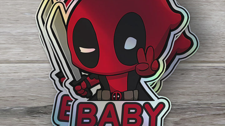 Holographic Baby On Board Deadpool Sticker | Cute Marvel Anti-Hero Car Decal | Funny Baby Safety Sticker | Superhero Car Decor