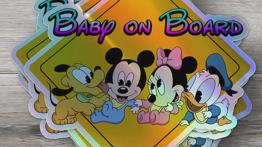 Disney Babies On Board - Baby on Board Car Window Sticker - Mickey - Pluto - Mini - Donald-Waterproof & Holographic - Eye-catching Yellow Diamond Shape