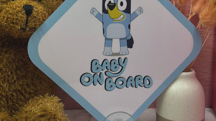 Bluey Baby On Board Sign - Cute Aluminum Car Safety Warning Sign with Suction Cups - Durable Blue and White Child Safety Alert