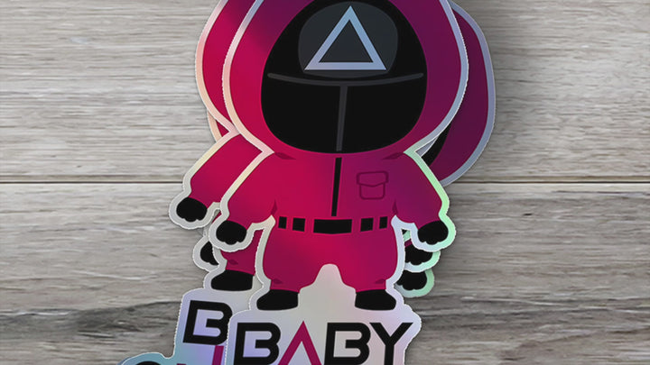 Squid Game Inspired Baby On Board Sticker - Triangle Guard Holographic Design Cute Pink Character Car Decal for Baby Safety Unique Gift Idea