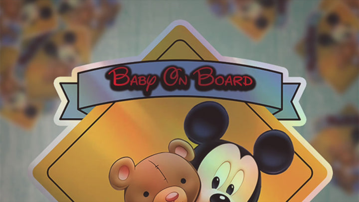 Baby Mickey Hugging a Teddy Bear - Baby on Board Car Window Sticker - Waterproof & Holographic - Eye-catching Yellow Diamond Shape