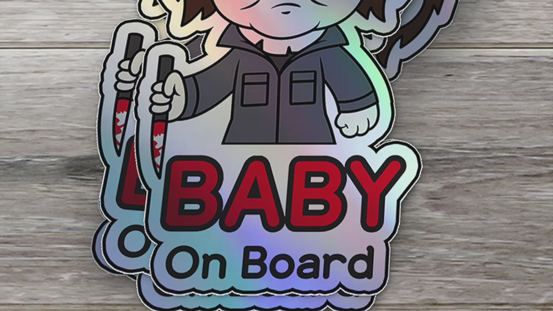 Holographic Baby On Board Michael Myers Sticker | Creepy Cute Horror Movie Inspired | Halloween Baby Safety Sticker | Funny Car Decor