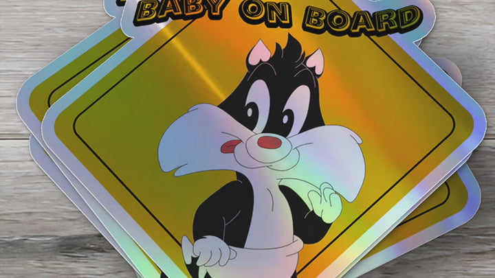 Baby Baby on Board Car Window Sticker -Looney Tunes "Baby Sylvester" - Waterproof & Holographic - Eye-catching Yellow Diamond Shape