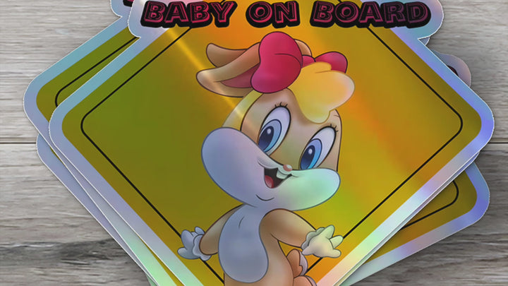 Baby on Board Car Window Sticker -Looney Tunes "Baby Lolo Bunny"-Waterproof & Holographic - Eye-catching Yellow Diamond Shape