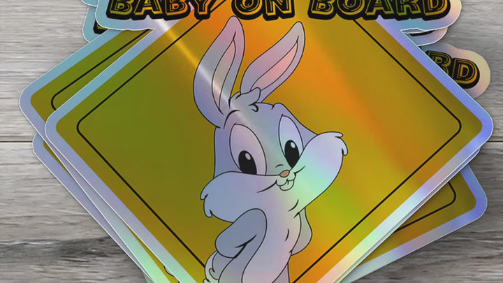 Baby on Board Car Window Sticker -Looney Tunes "Bugs Bunny"-Waterproof & Holographic - Eye-catching Yellow Diamond Shape