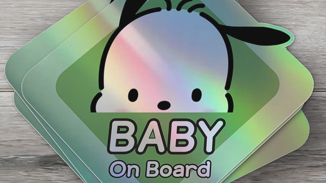 Baby on Board Sticker - Holographic - Car Window Decal - Baby Safety Sign - Sanrio Pochacco Inspired Sticker - Cute Kids Car Accessories